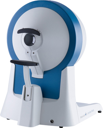 Das Bild zeigt das OCULUS Centerfield® 2 - Ein Projektionsperimeter zur Gesichtsfeldprüfung bis 70° Exzentrizität nach FeV